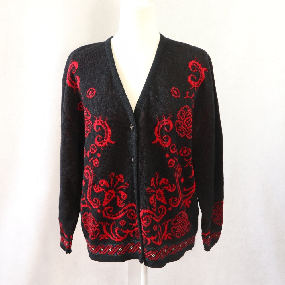 Pendleton Black Red Floral Crest Cardigan Size L
